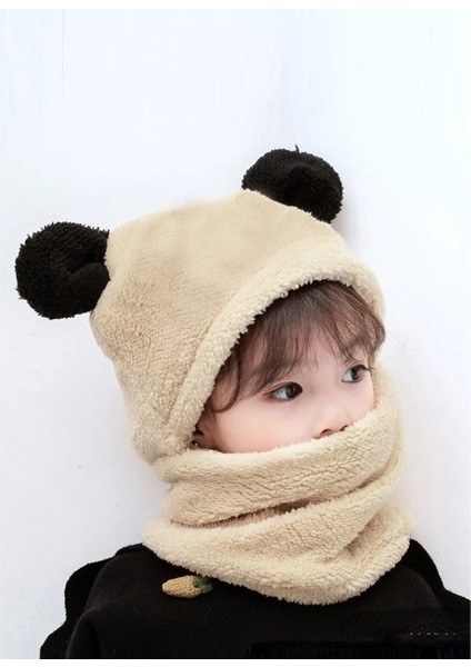 Sevimli Panda Çocuk Kapşonlu Kulaklı Peluş Bere Welsoft Polar Rüzgar Geçirmez Boyunluklu Şapka modelleri