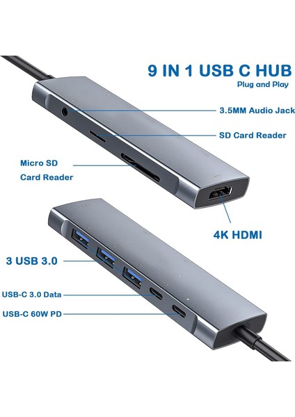 Macbook Uyumlu 9in1 Type-C To 4K Ultra Hd 1080P HDMI 2* USB 3.0 Sd Tf Kart Okuyucu Çevirici Hub Adaptör