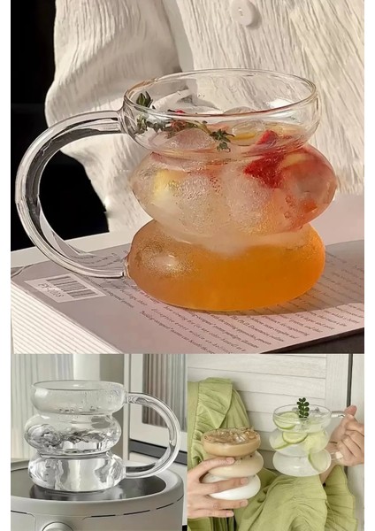 4lü Üç Büklüm Koreo Kulplu Dev Şerit Cam Bardak Pipetli Meşrubat Kahve Sunum Kokteyl Bardağı 400ML