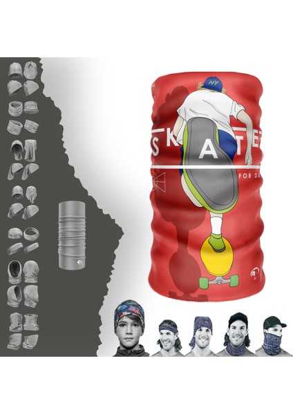 Extreme Kırmızı Tabanlı Skate Desenli Boyunluk Bandana Baf Toka Maske Saçbandı