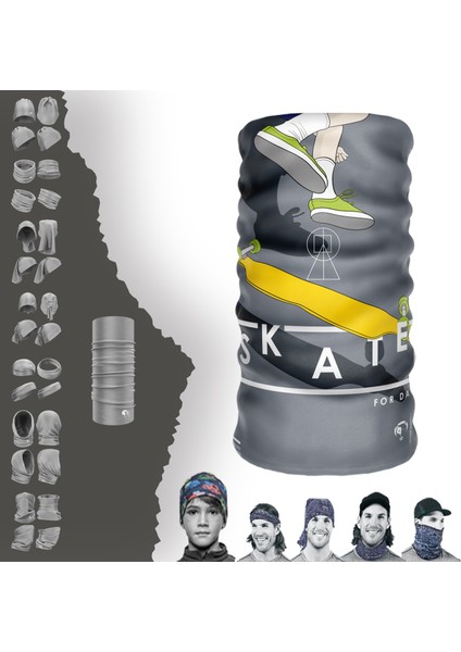 Extreme Gri Tabanlı Skate Desenli Boyunluk Bandana Baf Toka Maske Saçbandı