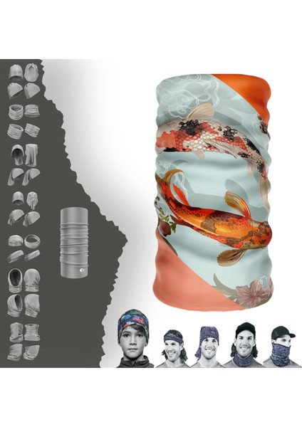 Extreme Turuncu Pembe Balıklar Çiçekli Boyunluk Bandana Baf Toka Maske Saçbandı
