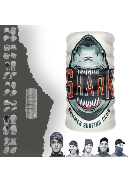 Extreme Kırmızı Shark Yazılı Beyaz Boyunluk Bandana Baf Toka Maske Saçbandı