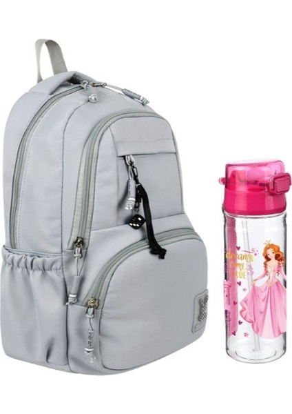 Gri Renk 2'li Okul Çantası Seti Su Geçirmez Saten Kumaş - Sırt Çantası - Prıncess Suluk