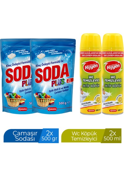 Soda Plus 500 gr x 2 Adet + Koruma Hijyen Wc Köpük 500 ml x 2 Adet