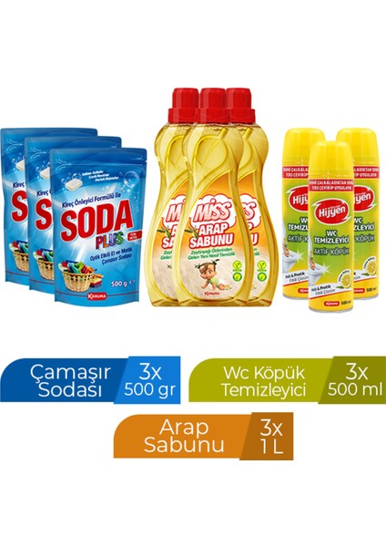 Soda 500 gr x 3 Adet+ Koruma Wc Köpük 500 ml x 3 Adet +Miss Arap Sabunu 1 Lt x 3 Adet