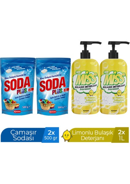 Soda Plus 500 gr x 2 Adet + Miss Bulaşık Deterjanı 1000 ml Limon x 2 Adet