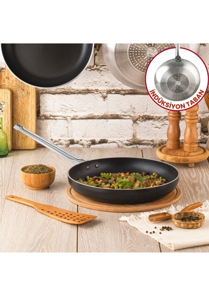 24 cm Chef Indüksiyonlu Maksi Tava, Horeca Indüksiyon Tabanlı Kızartma Tavası (Çelik Çubuk Kulp)