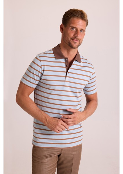 Erkek Kahverengi Lacivert Polo Yaka Çizgili T-Shirt