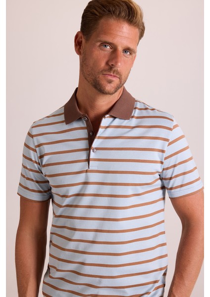 Erkek Kahverengi Lacivert Polo Yaka Çizgili T-Shirt