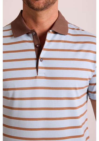 Erkek Kahverengi Lacivert Polo Yaka Çizgili T-Shirt