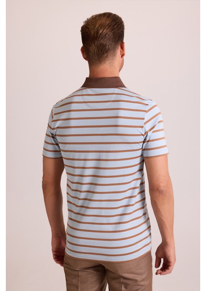 Erkek Kahverengi Lacivert Polo Yaka Çizgili T-Shirt