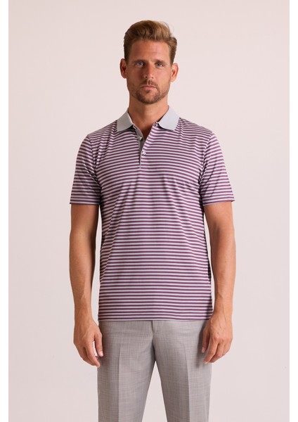 Erkek Gri Çizgili Polo Yaka T-Shirt