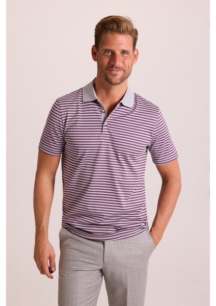 Erkek Gri Çizgili Polo Yaka T-Shirt