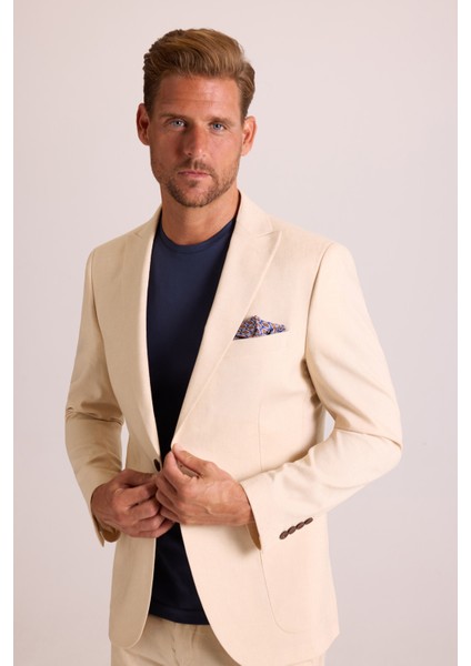 Erkek Bej Takım Elbise Keten Slim Fit Sivri Yaka