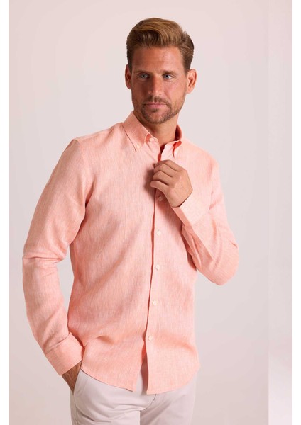 Erkek Turuncu Yaka Düğmeli Slim Fit Keten Gömlek