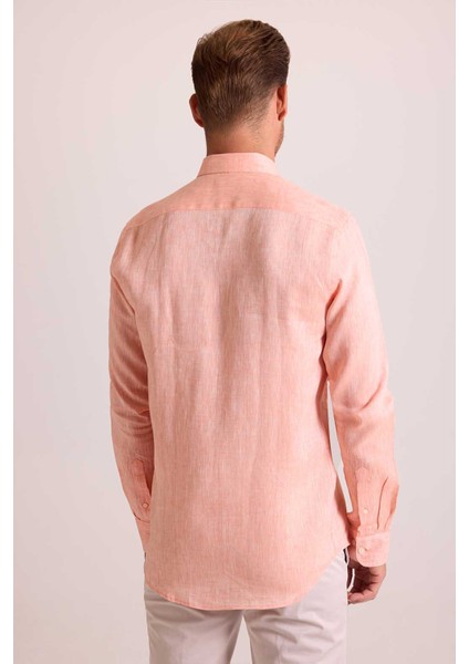Erkek Turuncu Yaka Düğmeli Slim Fit Keten Gömlek