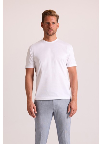 Erkek Beyaz Regular Fit Merserize Pamuk T-Shirt