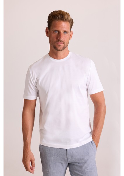 Erkek Beyaz Regular Fit Merserize Pamuk T-Shirt