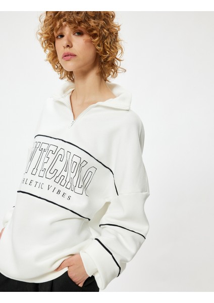 Oversize Sweatshirt Yarım Fermuarlı Kolej Baskılı Şardonlu