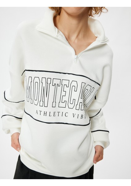 Oversize Sweatshirt Yarım Fermuarlı Kolej Baskılı Şardonlu indirimleri