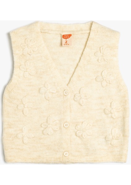 Kız Çocuk Kolsuz Basic Yelek Çiçek Aplikeli V Yaka Bej Renkli Şık Tasarım