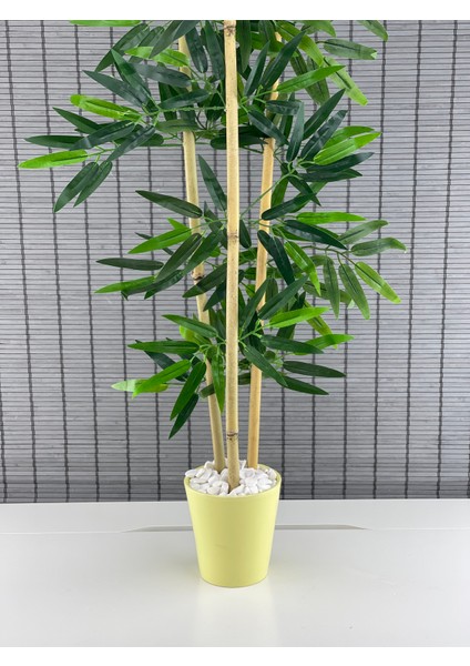 Seramik Saksılı Yapay Yoğun Yapraklı Dekoratif Bambu Ağacı 3 Gövde 110 cm Bambu Gövde