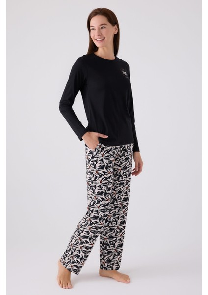 Kadın Siyah Pijama Takım, Viskon Dokuma, Büyük Beden Kadın Pijama Takım
