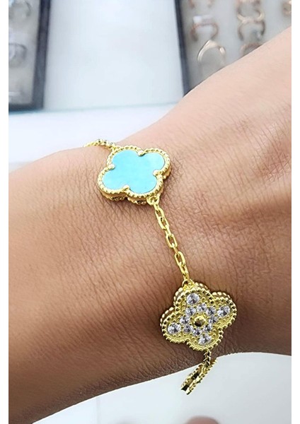 Zirkon ve Amazonit Taş 925AYAR Gümüş Üzerine Altın Kaplama Tasarım Italyan Tasarımı Yonca Bileklik