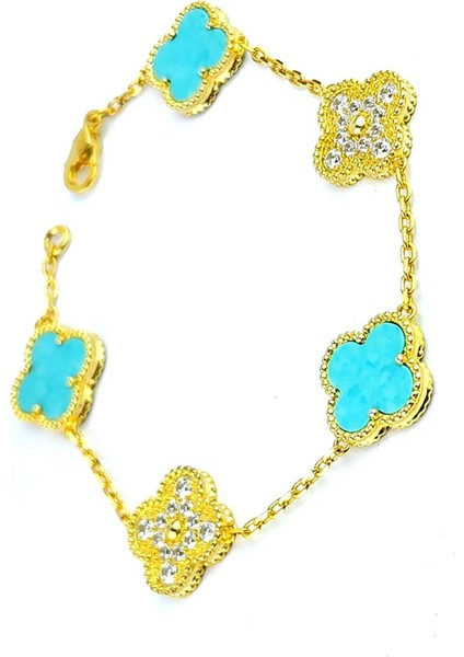 Zirkon ve Amazonit Taş 925AYAR Gümüş Üzerine Altın Kaplama Tasarım Italyan Tasarımı Yonca Bileklik fiyatları