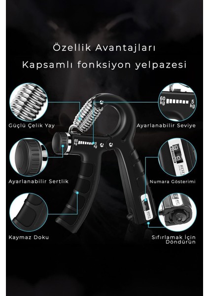 Siyah Konforlu 5-60 kg Ayarlanabilir Sayaçlı Gym Fitness Egzersiz Yay El ve Bilek Güçlendirici 2-Ad