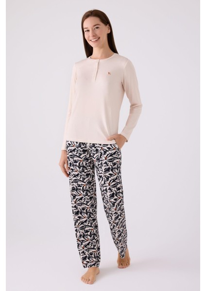 Kadın Düğmeli Yaka Uzunkol Pijama Takım, Viskon Dokuma, Büyük Beden Kadın Pijama Takım