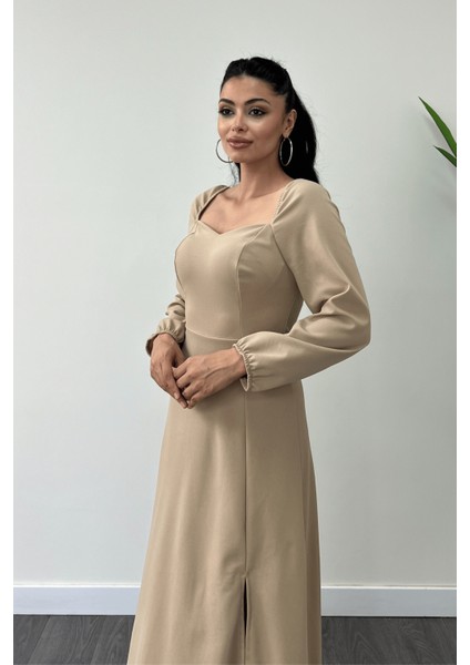 Krep Kumaş Kalp Yaka Midi Elbise - Krem modelleri