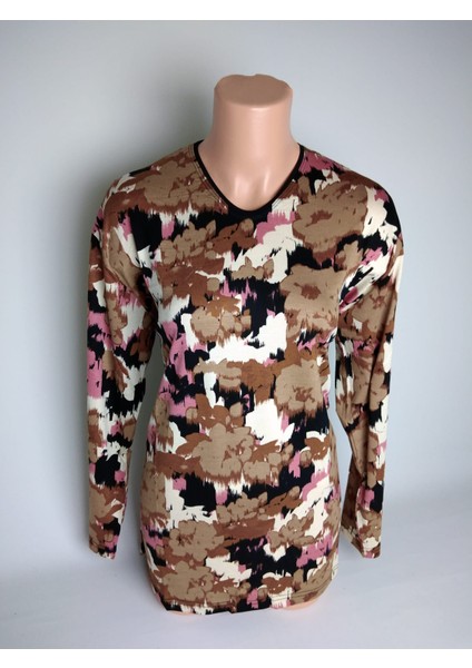 Kadın Siyah Krem V Yaka Uzun Kollu Yazlık Viskon Likralı Anne Penye Bluz modelleri