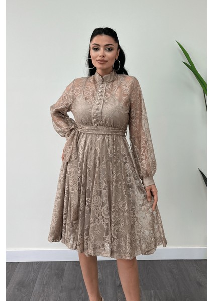 Dantel Kumaş Düğme Detaylı Mini Elbise - Krem modelleri