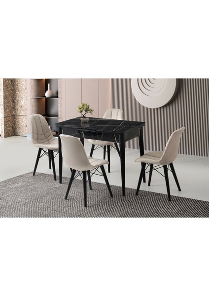 Ahşap Salon Yemek Masa Sandalye Takımı 4 Sandalyeli Ortadan Açılır Büyüyen Mermer Desen