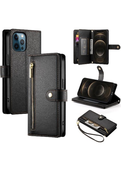 IPhone 12 Için Flip Case Pro Max Çok Fonksiyonlu Kart Yuvaları Kickstand Bilek (Yurt Dışından)