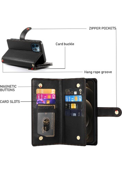 IPhone 12 Için Flip Case Pro Max Çok Fonksiyonlu Kart Yuvaları Kickstand Bilek (Yurt Dışından) modelleri