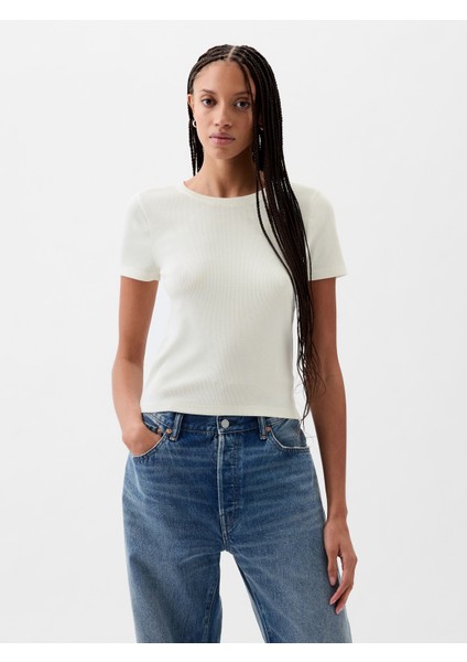 Kadın Kırık Beyaz Modern Fitilli Crop T-Shirt