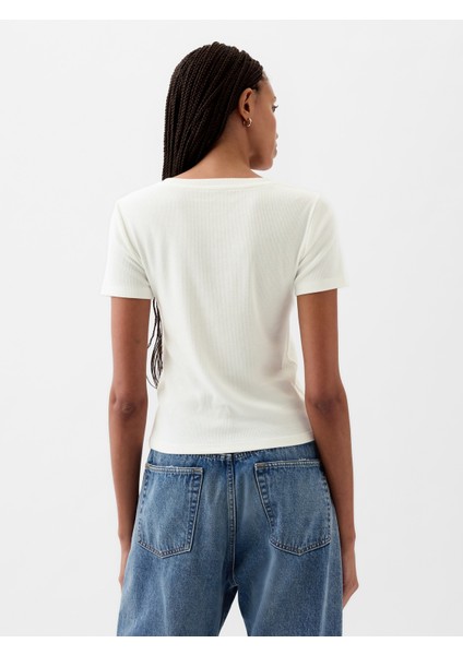 Kadın Kırık Beyaz Modern Fitilli Crop T-Shirt fırsatları