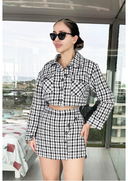 Kadın Ekose Desenli Şanel Kumaş Uzun Kol Tüvit Ceket Şort Etek Alt Üst Takım Ceket Etek Ikili Takım