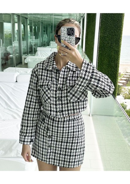 Kadın Ekose Desenli Şanel Kumaş Uzun Kol Tüvit Ceket Şort Etek Alt Üst Takım Ceket Etek Ikili Takım fiyatları