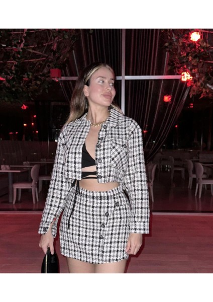 Kadın Ekose Desenli Şanel Kumaş Uzun Kol Tüvit Ceket Şort Etek Alt Üst Takım Ceket Etek Ikili Takım fırsatları