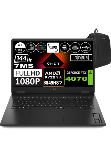 Hp Omen 17-DB0019NT Amd Ryzen 7 8845HS 32GB Ddr5 1tb SSD 8GB-RTX4070 17.3 Inç 144HZ 7ms Fhd Freedos Taşınabilir Bilgisayar A44QQEAF01 + Zetta Çanta