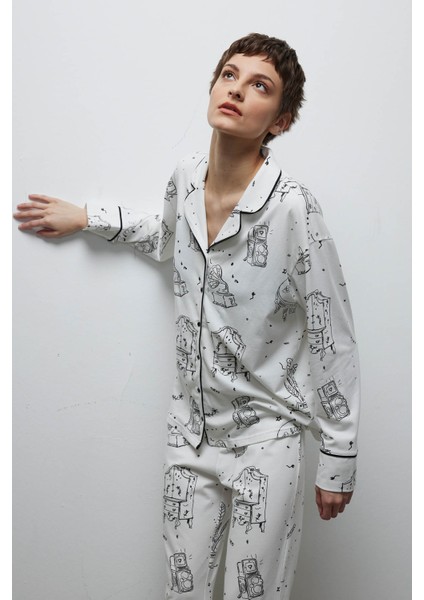 Kadın Pamuklu Uzun Kollu Gömlek Yaka Pijama Üstü