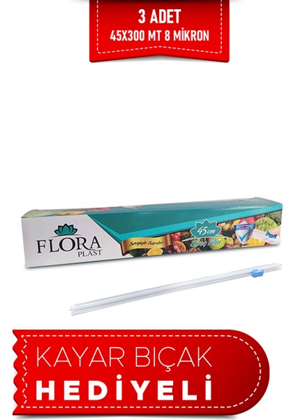 Floraplast sarı Gıda Streç Dayanıklı Steril Esnek 45 cm 300 mt 8 Mic Mutfak, Ambalaj Kayar Bıçak Kutulu Ekonomik 3 Adet