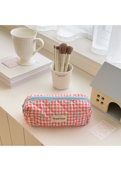 Güzel Görünümlü, Büyük Kapasiteli Kalem Kutusu, Ekose Fiyonklu Saklama Çantası, Kozmetik Çantası, Kız Kırtasiye Kutusu (Yurt Dışından)