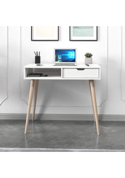 Offer Çalışma Masası, Bilgisayar Masası, Çekmeceli Beyaz, Ahşap Ayak, Ev-Ofis