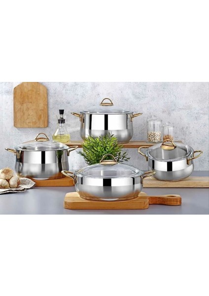 8 Pcs Altın Kulp Çelik Tencere