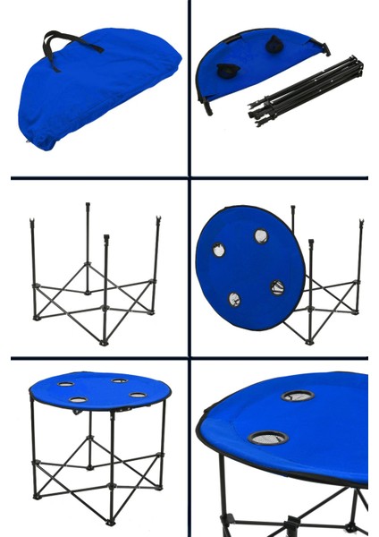 70 x 60 cm Yuvarlak Katlanır Taşıma Çantalı Kamp Masası, Piknik Masası-Mavi